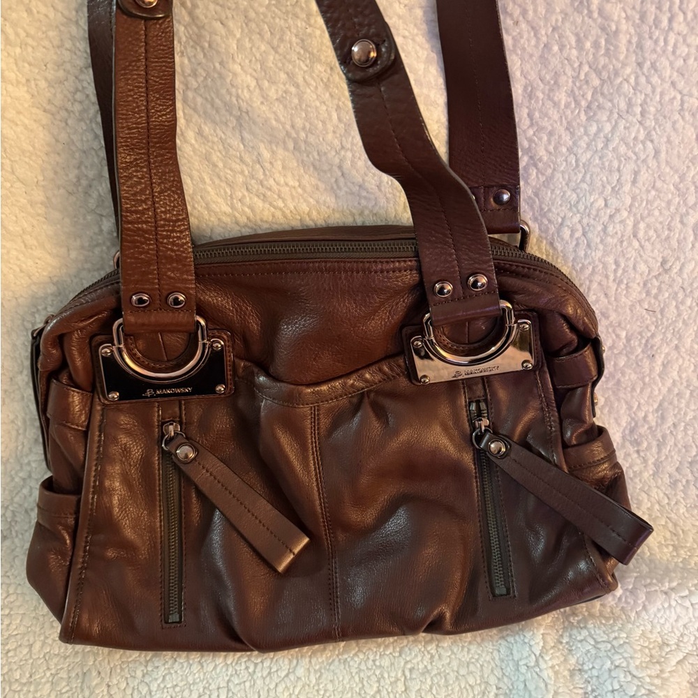 B. Makowsky Brown Leather Shoulder Bag with Vintage Appeal and Rose hardware
